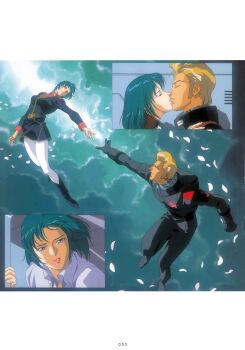 1990s_(style) 1girl absurdres belt blonde_hair couple feathers green_hair gundam highres jerid_messa kiss kitazume_hiroyuki mecha_pilot_suit military_uniform mouar_pharaoh official_art pompadour promotional_art reaching reaching_towards_another retro_artstyle scan science_fiction titans_(gundam) traditional_media zero_gravity zeta_gundam