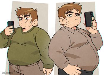 1boy bara bear_face big_belly brown_hair cowboy_shot english_text facial_hair fat fat_man forked_eyebrows highres male_focus medium_sideburns multiple_views nifast_(greentail) scott_pilgrim_(series) scott_pilgrim_takes_off selfie short_hair sideburns_stubble smirk sparse_stubble speech_bubble standing stephen_stills stubble thick_eyebrows uneven_eyes