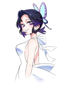 1girl back_cutout bare_back black_hair butterfly_hair_ornament clothing_cutout commentary dress from_side gradient_hair hair_ornament highres kimetsu_no_yaiba kochou_shinobu looking_at_viewer multicolored_hair purple_eyes purple_hair short_hair simple_background smile solo soyeonp19 white_background white_dress