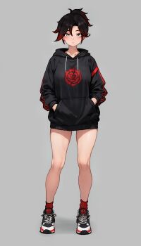 1girl absurdres alternate_costume black_hair black_hoodie bluefield breasts commentary drawstring expressionless floral_print flower full_body grey_background grey_eyes hands_in_pocket highres hood hoodie light_blush looking_at_viewer medium_breasts multicolored_hair red_hair red_socks rose rose_print ruby_rose rwby shoes short_hair sneakers socks solo streaked_hair thighs