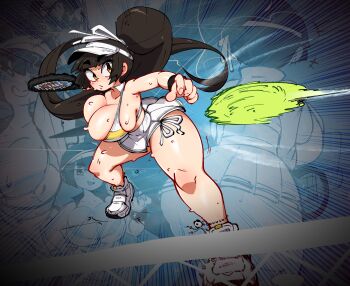 1girl alternate_costume areola_slip ball breasts brown_hair bursting_breasts commentary covered_erect_nipples emphasis_lines highres huge_breasts jellot last_origin long_hair miniskirt motion_blur orange_eyes panties pleated_skirt ponytail racket shoes side-tie_panties skindentation skirt solo sports_bra sportswear tennis_ball tennis_net tennis_racket tennis_uniform thick_thighs thighs tiequan_(last_origin) underwear very_long_hair visor_cap wrist_cuffs