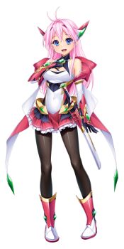 1girl :d aikawa_haruno antenna_hair armor bare_shoulders black_gloves black_pantyhose blue_eyes boots breasts chest_jewel cleavage cleavage_cutout clothing_cutout covered_navel detached_sleeves earrings elbow_gloves exs-tia_ignis frilled_skirt frills full_body game_cg gloves hand_on_own_chest jewelry kamitsurugi_ouka kouyoku_senki_exs-tia_concert large_variant_set leotard long_hair looking_at_viewer magical_girl medium_breasts miniskirt non-web_source official_art open_mouth pantyhose pink_hair pleated_skirt red_skirt sheath sheathed shiny_clothes skirt smile solo standing sword tachi-e transparent_background variant_set weapon