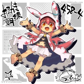 1girl animal_ear_hood anklet artist_name belt dated emil_chronicle_online fake_animal_ears fang frilled_thigh_strap hood jacket jewelry long_sidelocks lowres midriff mitama_nanai navel open_mouth outstretched_arms pink_belt pink_hair pink_tail pink_wings rakisuke red_eyes sidelocks signature skirt solo star_(symbol) star_print thigh_strap twitter_username white_jacket white_skirt wings wristband