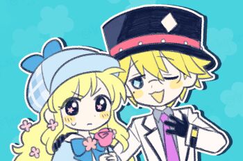 Rule 34 | 1boy, 1girl, blonde hair, blue background, blush stickers, collared shirt, commentary request, cordelia glauca, deerstalker, diamond-shaped pupils, diamond (shape), flower, flower-shaped pupils, formal clothes, gloves, hand on another's shoulder, hand on own chest, hat, holding, holding flower, long hair, long sleeves, mole, mole under eye, monocle, necktie, one eye closed, rose, shirt, short hair, suit, sweat, symbol-shaped pupils, tantei opera milky holmes, top hat, tsunoji, twenty (milky holmes)