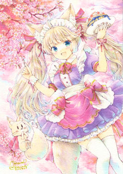 1girl ahoge animal_ear_fluff animal_ears blonde_hair blue_eyes blush bow bowtie cake cherry_blossoms cowboy_shot detached_collar dress fang food fork fox fox_ears fox_girl fox_tail hair_ribbon holding holding_fork holding_plate long_hair looking_at_viewer maid_headdress minami_kawa open_mouth original pink_bow pink_bowtie pink_ribbon plate purple_dress ribbon shirt signature skin_fang skirt smile snowflakes solo_focus standing tail traditional_media twintails upper_body very_long_hair wrist_cuffs