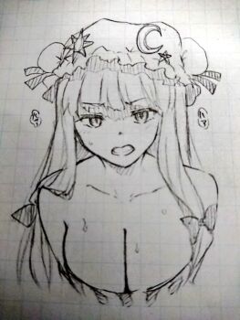 Rule 34 | 1girl, adapted costume, bow, breasts, cleavage, collarbone, commentary request, crescent, crescent hat ornament, dress, greyscale, hair bow, hat, hat ornament, large breasts, long hair, looking at viewer, miyo (ranthath), mob cap, monochrome, open mouth, patchouli knowledge, solo, speech bubble, star (symbol), star hat ornament, striped clothes, striped dress, sweat, touhou, traditional media, translation request, vertical-striped clothes, vertical-striped dress