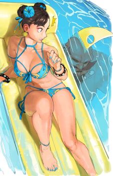 1girl bare_shoulders bikini birdie_(street_fighter) blue_bikini bracelet breasts brown_hair capcom chun-li cleavage collarbone facial_hair female_focus flower hair_flower hair_ornament jewelry large_breasts official_alternate_costume poderdohokuto solo spiked_bracelet spikes street_fighter street_fighter_v swimsuit thighs toenails