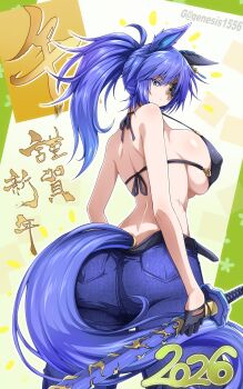 1girl absurdres animal_ears annes_(g_(genesis1556)) ass bikini bikini_top_only blue_eyes blue_hair blue_pants breasts chinese_zodiac denim ear_covers ear_ornament eyepatch g_(genesis1556) gloves half_gloves high_ponytail highres horse_ears horse_girl horse_tail jeans large_breasts long_hair looking_at_viewer monster_girl navel new_year ootachi original pants ponytail scar scar_across_eye scar_on_face sideboob solo standing stitches swimsuit tail umamusume year_of_the_horse