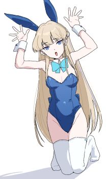1girl animal_ears arms_up blonde_hair blue_archive blue_bow blue_bowtie blue_eyes blue_leotard bow bowtie breasts detached_collar earrings fake_animal_ears highres jewelry kneeling leotard long_hair looking_at_viewer open_mouth osame playboy_bunny rabbit_ears rabbit_pose simple_background small_breasts solo strapless strapless_leotard thighhighs toki_(blue_archive) toki_(bunny)_(blue_archive) very_long_hair white_thighhighs wrist_cuffs