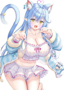 1girl absurdres ahoge animal_ears animal_hands aqua_jacket bare_shoulders blue_hair blush breasts camisole cat_ears cat_girl cat_tail cleavage collarbone commentary_request daifuku_(yukihana_lamy) elf fluffy_clothes fur-trimmed_jacket fur-trimmed_sleeves fur_trim gloves hair_between_eyes hair_ornament heart heart_ahoge highres hololive jacket large_breasts long_hair midriff miniskirt navel official_alternate_costume open_mouth paw_gloves pink_trim pointy_ears polka_dot polka_dot_camisole polka_dot_skirt simple_background skirt sleepwear solo stomach sweat tail uehiro very_long_hair virtual_youtuber white_background white_camisole white_skirt yellow_eyes yukihana_lamy yukihana_lamy_(roomwear)