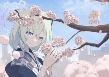 Rule 34 | 1girl, animal ears, artist logo, artist name, bath yukata, blue archive, blue haori, blue sky, blurry, blurry background, blurry foreground, branch, cherry blossoms, closed mouth, commentary request, day, depth of field, falling petals, flower, from side, green hair, grey kimono, halo, haori, japanese clothes, kimono, logo, looking at viewer, looking to the side, mira-snow-white, outdoors, petals, pink flower, pink petals, portrait, purple eyes, purple halo, ring of light (blue archive), shigure (blue archive), shigure (hot spring) (blue archive), sky, skyline, smile, solo, spring (season), weasel ears, weasel girl, yagasuri, yukata