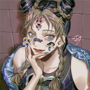 Rule 34 | black hair, black shirt, blossom (ppg), blue eyes, blue jacket, blue nails, braid, braided ponytail, brooch, bubbles (ppg), bun with braided base, buttercup (ppg), commentary, double bun, hair bun, hair ornament, hairpin, hand on own face, heart, heart brooch, highres, jacket, jewelry, jojo no kimyou na bouken, kuujou jolyne, masakenme, multicolored hair, powerpuff girls, shirt, signature, spider web print, sticker, sticker on face, stone ocean, tile wall, tiles, twin braids, two-tone hair, upper body