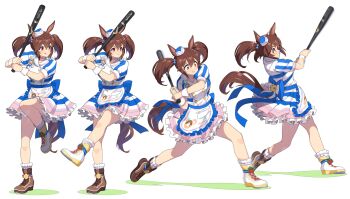 1girl :t absurdres animal_ears apron asymmetrical_footwear baseball_bat batting_stance blue_bow blush boots bow breasts brown_footwear brown_hair buttons cheek_bulge closed_mouth commentary cross-laced_footwear double-breasted dress frilled_apron frilled_dress frilled_skirt frilled_socks frills hair_between_eyes hair_bobbles hair_ornament hat highres hishi_akebono_(umamusume) holding holding_baseball_bat horse_ears horse_girl horse_tail jacket looking_afar medium_breasts medium_hair mini_hat mismatched_footwear motion_blur multiple_views nishiki_kazue official_alternate_costume petticoat progression puffy_short_sleeves puffy_sleeves red_eyes sequential serious short_dress short_sleeves short_twintails simple_background skirt smile socks standing standing_on_one_leg striped_clothes striped_dress swinging tail tilted_headwear tongue tongue_out twintails umamusume v-shaped_eyebrows waist_apron waist_bow white_background white_footwear wide-eyed wrist_cuffs