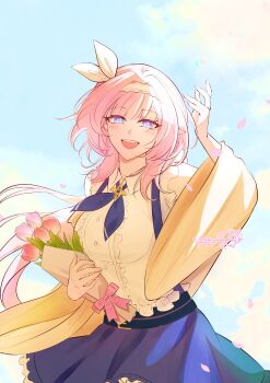 1girl artist_name blue_eyes blue_skirt blue_sky bouquet breasts commentary elf elysia_(honkai_impact) english_commentary flower hairband highres holding holding_bouquet honkai_(series) honkai_impact_3rd large_breasts long_hair looking_at_viewer official_alternate_costume open_mouth outdoors pink_flower pink_hair pink_tulip pointy_ears shirt skirt sky smile solo tulip very_long_hair white_hairband white_shirt yeonpoppu