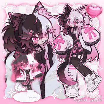 1girl 3d animal_ears animated animated_gif artist_name asymmetrical_legwear bandaid black_sweater black_thighhighs blinking bow chain commission eyelashes fur_trim garter_straps jacket jirai_kei cross-laced_sleeves leg_up long_sleeves looping_animation mismatched_legwear multicolored_hair original pink_bow pink_eyes pink_jacket pink_theme shoes sneakers solo sparkle split-color_hair sweater thighhighs torn_clothes torn_thighhighs twintails white_shoes white_thighhighs yappari