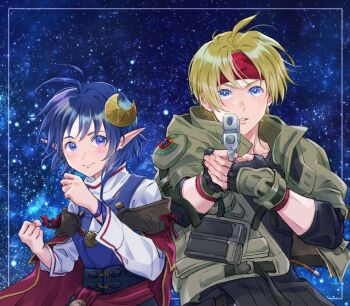 Rule 34 | 19670615t, 1boy, 1girl, ahoge, blonde hair, blue eyes, blue hair, blush, cape, claude c. kenny, closed mouth, crescent, crescent hair ornament, fingerless gloves, gloves, gun, hair ornament, headband, holding, holding gun, holding hands, holding weapon, jacket, looking at viewer, pointy ears, red cape, rena lanford, short hair, smile, star (sky), star ocean, star ocean: the second story, weapon