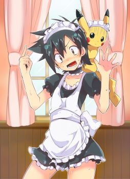 1boy alternate_costume apron ash_ketchum black_hair blush brown_eyes child choker clothed_pokemon cowboy_shot crossdressing crossdressing_(mtf) curtains enmaided gen_1_pokemon maid maid_apron maid_headdress male_focus male_maid nakamura_sandayo nintendo open_mouth pikachu pokemon pokemon_(anime) pokemon_(creature) short_hair trap window