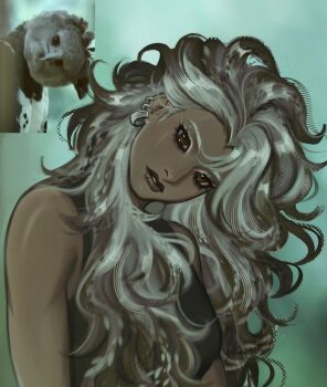 black_tank_top brown_eyes brown_lips commentary dark-skinned_female dark_skin ear_piercing earrings english_commentary eyeliner face_piercing gittanart grey_hair harpy_eagle highres jewelry looking_at_viewer makeup messy_hair nose_piercing original personification piercing tank_top white_hair