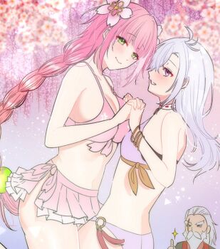 1boy 2girls green_eyes hair_between_eyes holding_hands japanese_clothes kaguya_(rune_factory) komugiko_(komugiu08) long_hair looking_at_viewer multiple_girls official_alternate_costume old old_man pink_hair rune_factory rune_factory:_guardians_of_azuma sakaki_(rune_factory) thumbs_up ulalaka