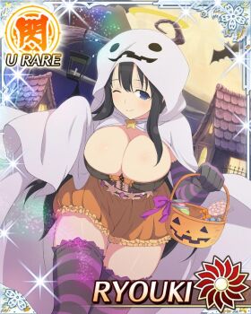 1girl basket bat_(animal) bent_over black_hair black_thighhighs bloomers blue_eyes border breasts candy card_(medium) character_name cleavage closed_mouth food full_moon game_cg ghost_costume halloween halloween_bucket halloween_costume halo happy_halloween holding holding_basket jack-o'-lantern large_breasts lollipop long_hair looking_at_viewer moon night official_art one_eye_closed orange_bloomers ryouki_(senran_kagura) senran_kagura senran_kagura_new_wave sheet_ghost sky smile solo striped_clothes striped_thighhighs thighhighs traditional_halo trick-or-treating trick_or_treat underwear very_long_hair