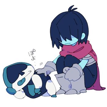 1boy 1other 2525nicc armor blue_bodysuit blue_hair blue_skin blue_tongue bodysuit boots cape colored_skin colored_tongue deltarune full_body gloves grey_boots grey_gloves highres knees_to_chest kris_(dark_world)_(deltarune) kris_(deltarune) lancer_(deltarune) lying on_side red_cape short_hair simple_background squatting tongue tongue_out utdr_(toby_fox) white_background