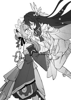 Rule 34 | 2girls, bare shoulders, black collar, black hair, black sleeves, blush, bonnet, bow, closed eyes, collar, columbina (genshin impact), commentary request, detached collar, detached sleeves, dress, eye mask, genshin impact, gloves, greyscale, grottsca jo, hair bow, hair bun, hair ornament, head wings, headdress, korean commentary, long hair, long sleeves, mask, monochrome, multiple girls, multiple wings, open mouth, sandrone (genshin impact), see-through clothes, see-through mask, short hair with long locks, simple background, smile, white background, winding key, wing hair ornament, wings, wrist bow, x-shaped eyewear, yuri