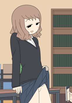 1girl 1other annonanam black_eyes blush brown_hair character_request copyright_request cowboy_shot desk leaning_back leaning_on_object medium_hair no_panties open_mouth phone pussy school_uniform tagme