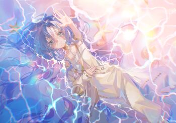 1girl 37_(reverse:1999) absurdres ancient_greek_clothes aqua_eyes armor blue_hair chinese_commentary chiton closed_mouth commentary_request eyelashes feet_out_of_frame fingernails floating_on_back from_above gold_armor gold_choker greco-roman_clothes hair_between_eyes hair_spread_out hand_on_own_stomach highres himation lan2546426 long_hair long_sleeves ocean outstretched_arm palms partially_submerged reverse:1999 ribbon-trimmed_robe ribbon-trimmed_sleeves ribbon_trim sleeves_past_wrists smile solo starfish sunset very_long_hair