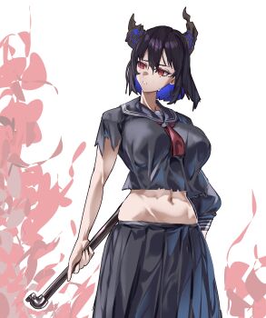 1girl absurdres alternate_costume black_hair black_serafuku black_shirt black_skirt blue_hair breasts colored_inner_hair commentary cosplay daaku_(koizumi_arata) demon_horns english_commentary highres holding holding_lead_pipe hololive hololive_english horns large_breasts lead_pipe mole mole_under_eye multicolored_hair navel nerissa_ravencroft red_eyes school_uniform serafuku shimizu_hinako shimizu_hinako_(cosplay) shirt silent_hill_(series) silent_hill_f skirt solo sweat torn_clothes torn_shirt virtual_youtuber