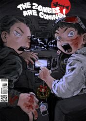 Rule 34 | barcode, black hair, blood, blood on cheek, blood on hands, car interior, cigarette, cover, driving, from behind, goggles, goggles on head, grey eyes, highres, magazine cover, mettaflix, open mouth, original, qr code, shirt, title