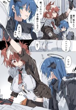 2girls arknights assisted_exposure black_gloves black_jacket blue_hair breasts button_gap cleavage commentary dress_shirt fiammetta_(arknights) gloves halo head_wings highres horns jacket large_breasts long_hair mostima_(arknights) multiple_girls na_tarapisu153 red_eyes red_hair shirt short_hair translation_request wings yuri