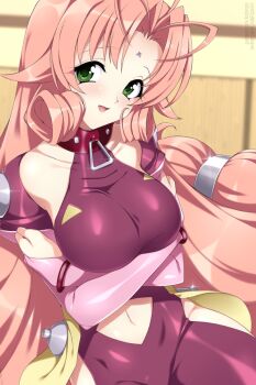 1girl breasts clothing_cutout dears facial_mark green_eyes hair_ornament highres lindaroze long_hair looking_at_viewer medium_breasts miu_(dears) navel navel_cutout pink_hair solo