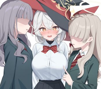 3girls @_@ black_hat black_skirt blue_archive blunt_bangs blush bow bowtie braid breasts button_gap commentary_request diagonal-striped_bow diagonal-striped_bowtie diagonal-striped_clothes diagonal-striped_necktie dress_shirt eri_(blue_archive) faceless faceless_female female_pervert grey_hair halo hat highres large_breasts long_hair mochiko_(uyu_omochi) multicolored_hair multiple_girls necktie nose_blush orange_eyes pervert pleated_skirt poking_another&#039;s_breast red_bow red_bowtie red_hair red_necktie sexual_harassment shirt shirt_tucked_in simple_background single_braid skirt smile streaked_hair striped_bow striped_bowtie striped_clothes two-tone_hair undershirt white_background white_shirt wildhunt_art_academy_student_(ar)_(blue_archive) wildhunt_art_academy_student_(smg)_(blue_archive) witch_hat yuri