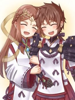 2girls :d ^_^ absurdres aohoshi_non arm_hug armor black_bow black_gloves blush bow breasts brown_background brown_hair closed_eyes commentary_request dress elbow_gloves facing_viewer fan_la_norne gloves hagoromo hair_bow head_tilt highres long_sleeves lora_(xenoblade) low_ponytail multiple_girls open_mouth pauldrons pleated_skirt ponytail red_skirt ribbon-trimmed_sleeves ribbon_trim shawl shoulder_armor skirt small_breasts smile white_dress wide_sleeves xenoblade_chronicles_(series) xenoblade_chronicles_2 xenoblade_chronicles_2:_torna_-_the_golden_country
