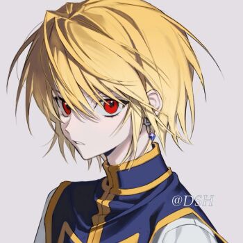 1boy blonde_hair earrings eyelashes grey_background hair_between_eyes hashtag-only_commentary hunter_x_hunter jewelry kurapika long_sleeves looking_at_viewer male_focus mountain_fire parted_lips piercing red_eyes shirt simple_background solo tabard teeth upper_body white_shirt yellow_trim