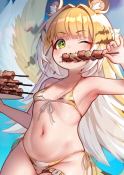 1girl :3 akuma_(st.takuma) animal_ears animal_print armpits bikini blonde_hair blush colored_inner_hair eating flat_chest food green_eyes highres holding holding_food ju_fufu loli long_hair meat multicolored_hair navel one_eye_closed print_bikini smile solo sparkling_eyes stomach striped_fur striped_hair swimsuit tail thigh_strap tiger_ears tiger_girl tiger_print tiger_stripes tiger_tail white_hair zenless_zone_zero