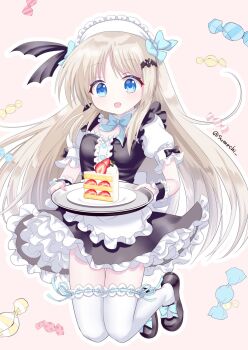 1girl :d alternate_costume apron bat_hair_ornament black_bow black_dress black_shoes black_wrist_cuffs blue_bow blue_bowtie blue_eyes bow bowtie buttons cake cake_slice candy center_frills commentary downturned_eyes dress enmaided eyelashes floating_hair food footwear_bow frilled_apron frilled_dress frilled_sleeves frilled_thighhighs frilled_wrist_cuffs frills fruit full_body grey_hair hair_bow hair_ornament heart_button highres holding holding_tray kneeling light_blush little_busters! long_hair maid maid_apron maid_headdress mary_janes noumi_kudryavka open_mouth outline petticoat pink_background puffy_short_sleeves puffy_sleeves ribbon-trimmed_thighhighs ribbon_trim shoes short_sleeves sidelocks simple_background sleeve_bow smile solo straight_hair strawberry strawberry_shortcake strawberry_slice sumechi tareme thighhighs tray twitter_username very_long_hair white_apron white_outline white_sleeves white_thighhighs wrist_cuffs zettai_ryouiki