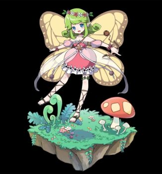 1boy bare_shoulders black_background blue_eyes blush bow_(weapon) breasts chic_(merc_storia) dress fairy flower flower_wristband flying full_body green_hair grey_sandals head_wreath highres holding holding_bow_(weapon) holding_weapon insect_wings ivy leaf long_hair long_sidelocks merc_storia merc_storia_art_team mushroom off-shoulder_dress off_shoulder official_art open_mouth outstretched_arms pink_dress pointy_ears puffy_short_sleeves puffy_sleeves sandals short_sleeves sidelocks simple_background small_breasts solo spread_arms tachi-e teeth upper_teeth_only weapon wings