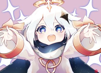 1girl cape genshin_impact hair_flaps hair_ornament halo highres long_sleeves looking_at_viewer open_mouth outstretched_arms paimon_(genshin_impact) purple_background purple_eyes sia_6767 simple_background solo sparkle starry_sky_print teeth upper_body upper_teeth_only white_hair wide_sleeves