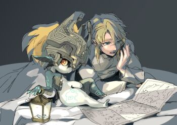 1boy 1girl barefoot blonde_hair blue_eyes breasts colored_sclera colored_skin full_body grey_shirt hair_between_eyes helmet_over_one_eye lantern link long_hair map medium_breasts midna multicolored_skin nintendo open_mouth orange_hair parted_bangs pointy_ears red_eyes shirt short_hair shortstack sidelocks sketch the_legend_of_zelda the_legend_of_zelda:_twilight_princess tsuyuga two-tone_skin under_covers yawning yellow_sclera