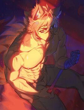 1boy animal_ears bandaged_arm bandages blue_eyes commentary dog_boy dog_ears dog_tail highres kokorei_jay komano_manato komano_manato_(white_heart_silhouette) large_pectorals male_focus muscular muscular_male nipples pants pectoral_cleavage pectorals pout red_eyes scar tail topless_male