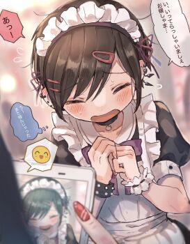 1boy 1girl absurdres age_difference apologizing apron commentary_request crossdressing crossdressing_(mtf) drawing_(object) emoticon fingernails highres maid maid_apron maid_headdress male_focus male_maid open_mouth original skirt solo_focus translation_request trap umibatari