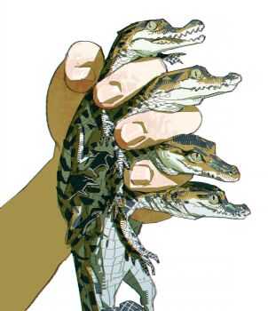 animal animal_focus baby_animal between_fingers crocodile crocodilian feet_out_of_frame highres holding holding_animal original ramon_nunez sharp_teeth simple_background teeth white_background