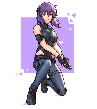 1girl belt black_pants blue_pants denim fingerless_gloves full_body ghost_in_the_shell ghost_in_the_shell:_sac_2045 gloves jeans kusanagi_motoko looking_at_viewer medium_hair pants purple_eyes purple_hair sleeveless solo vj99
