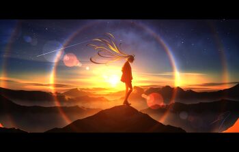 1girl absurdres artist_name backlighting blonde_hair blurry bokeh cloud commentary_request depth_of_field floating_hair from_side hatsune_miku highres horizon lens_flare letterboxed long_hair mountain mountainous_horizon nengoro night outdoors scenery shooting_star signature skirt sky socks solo standing star_(sky) starry_sky sun sunrise sunset twintails very_long_hair vocaloid wide_shot