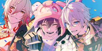 3boys ancient_greek_clothes antenna_hair armor black_choker black_coat black_shirt blonde_hair blue_eyes blue_gemstone blue_hair blue_sky body_markings braid caelus_(honkai:_star_rail) character_hat choker closed_eyes closed_mouth coat collarbone colored_inner_hair confetti crossed_bangs day earrings gem gold_earrings gold_necklace gradient_hair greco-roman_clothes grey_hair hair_between_eyes hair_ornament happy hat highres honkai:_star_rail honkai_(series) hood hooded_coat jacket jewelry kkno_k looking_at_another looking_at_viewer male_focus medium_hair mem_(honkai:_star_rail) multicolored_hair multiple_boys mydei_(honkai:_star_rail) neck_tattoo necklace open_clothes open_coat open_mouth outdoors phainon_(honkai:_star_rail) red_eyes red_hair shirt short_hair shoulder_armor single_braid sky smile sun_symbol sun_tattoo t-shirt tan tattoo teeth trailblazer_(honkai:_star_rail) two-sided_coat two-sided_fabric upper_body white_jacket white_shirt yellow_coat yellow_pupils