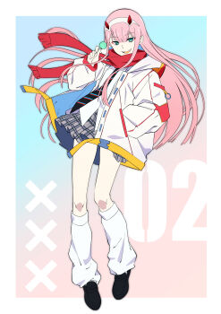 1girl absurdres black_necktie black_shoes border cachi_lo candy character_name commentary darling_in_the_franxx diagonal-striped_clothes diagonal-striped_necktie dress_shirt floating_hair food full_body gradient_background green_eyes grey_skirt hairband hand_in_pocket highres holding holding_candy holding_food holding_lollipop hood hooded_jacket horns jacket loafers lollipop long_hair long_sleeves looking_at_viewer loose_socks necktie open_clothes open_jacket open_mouth outside_border pink_hair plaid_clothes plaid_skirt pleated_skirt puffy_long_sleeves puffy_sleeves red_horns red_scarf scarf school_uniform shirt shoes skirt smile socks solo standing striped_clothes very_long_hair white_border white_hairband white_jacket white_shirt white_socks zero_two_(darling_in_the_franxx)