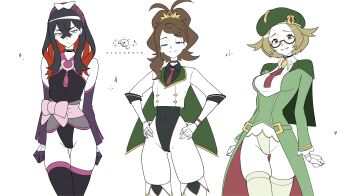 3girls :3 absurdres adapted_costume beret bianca_(champion)_(pokemon) bianca_(pokemon) black_choker black_hair black_thighhighs blonde_hair bow brown_hair cameltoe carmine_(pokemon) carmine_(sygna_suit)_(pokemon) choker closed_mouth colored_inner_hair commentary crossed_bangs detached_sleeves eyelashes gloves green_eyes green_hat grin hair_between_eyes half-closed_eyes hands_on_own_hips hat highres hilda_(champion)_(pokemon) hilda_(pokemon) long_hair mole mole_under_eye multicolored_hair multiple_girls necktie nintendo official_alternate_costume otokakoto pokemon pokemon_masters_ex raised_inner_eyebrows red_necktie semi-rimless_eyewear short_hair single_sidelock smile sparkle split_mouth sweat thighhighs white_background yellow_eyes
