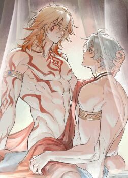 2boys abs antenna_hair arm_tattoo baikkkun black_choker blonde_hair blue_eyes blush braid chest_tattoo choker commentary english_commentary eye_contact facial_tattoo grabbing_another's_hair gradient_hair highres holding_another's_hair honkai:_star_rail honkai_(series) looking_at_another male_focus medium_hair multicolored_hair multiple_boys mydei_(honkai:_star_rail) neck_tattoo parted_bangs parted_lips pectorals phainon_(honkai:_star_rail) red_hair red_tattoo short_hair side_braid sitting sitting_on_lap sitting_on_person sun_symbol sun_tattoo tan tattoo toned toned_male towel towel_around_waist white_hair yaoi yellow_eyes