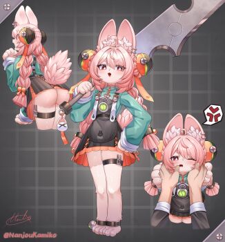 1girl 1other ahoge anger_vein animal_ear_fluff animal_ear_piercing animal_ears animal_feet anklet ass braid braided_twintails bright_pupils checkered_background chinese_clothes claws commentary cowboy_shot disembodied_hand english_commentary finger_to_another&#039;s_mouth from_side full_body furry furry_female green_shirt grey_background hand_on_own_hip highres holding holding_sword holding_weapon jewelry leaning_forward long_hair looking_at_viewer looking_to_the_side medallion miko_no_kamiko multiple_views one_eye_closed open_mouth over_shoulder pink_fur pink_hair rabbit_ears rabbit_girl rabbit_tail red_eyes screw shirt short_eyebrows signature spoken_anger_vein sword tail thick_eyebrows thigh_strap twintails twitter_username weapon weapon_over_shoulder white_pupils zenless_zone_zero zhao_(zenless_zone_zero)